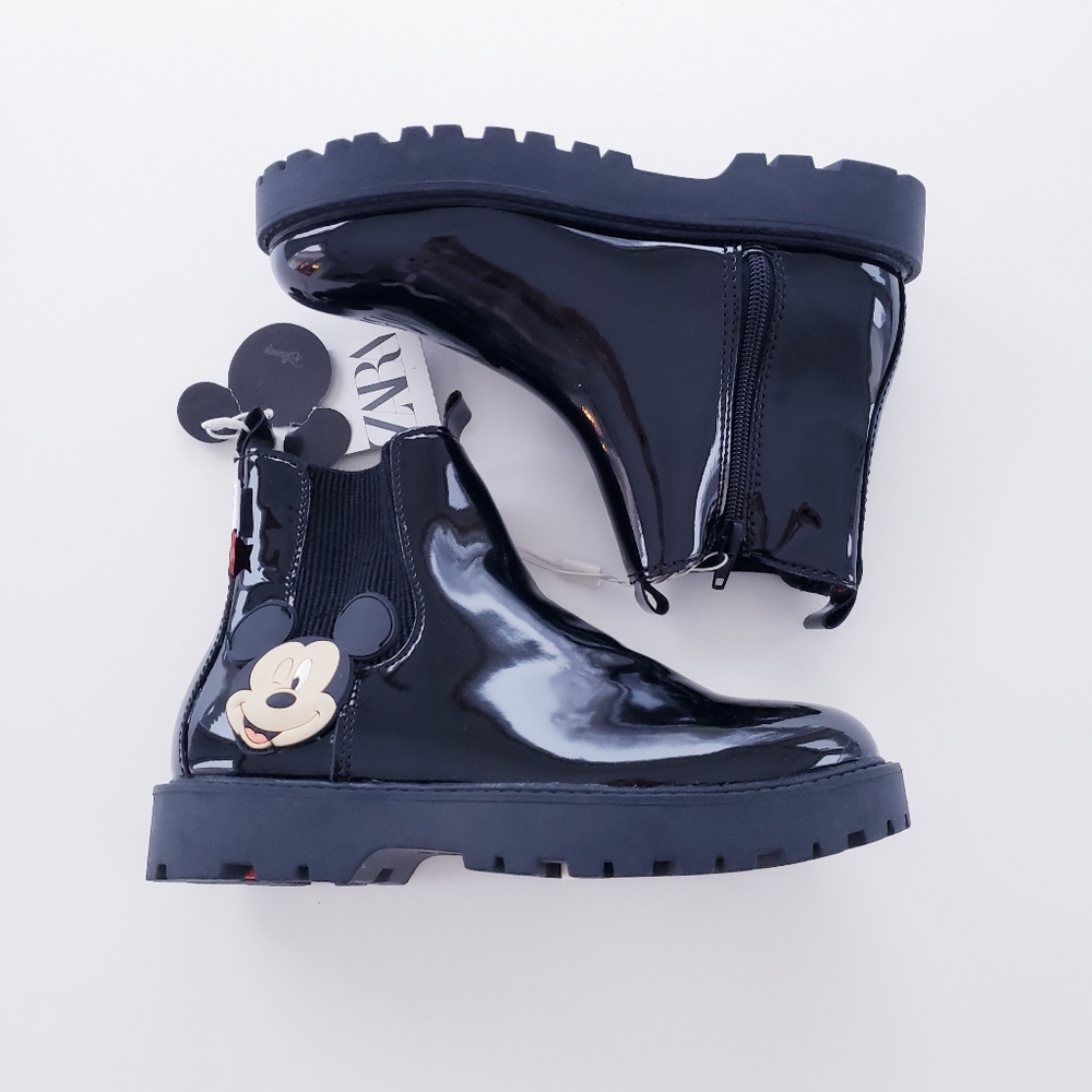 Zara Mickey Minnie Mouse Black Patent Combat Boots Girls Kids Size 3.5 NWT